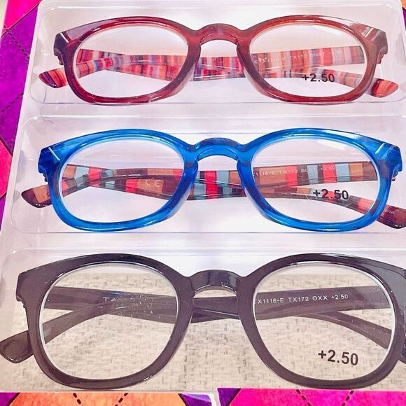 NWT 3 Pack 2.50 TAHARI Premium Eye Reading Glasses Black, Blue & Brown & Striped main image 9
